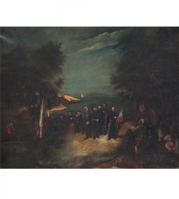 "Desembarco de los Treinta y Tres Orientales". &Oacute;leo sobre tela, 97 X 122 cm. Museo Hist&oacute;rico Nacional.