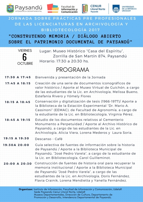 6 de octubre: Jornada en Paysand&uacute;. Archivos, Bibliotecas y Museos, espacios de preservaci&oacute;n del Patrimonio Documental